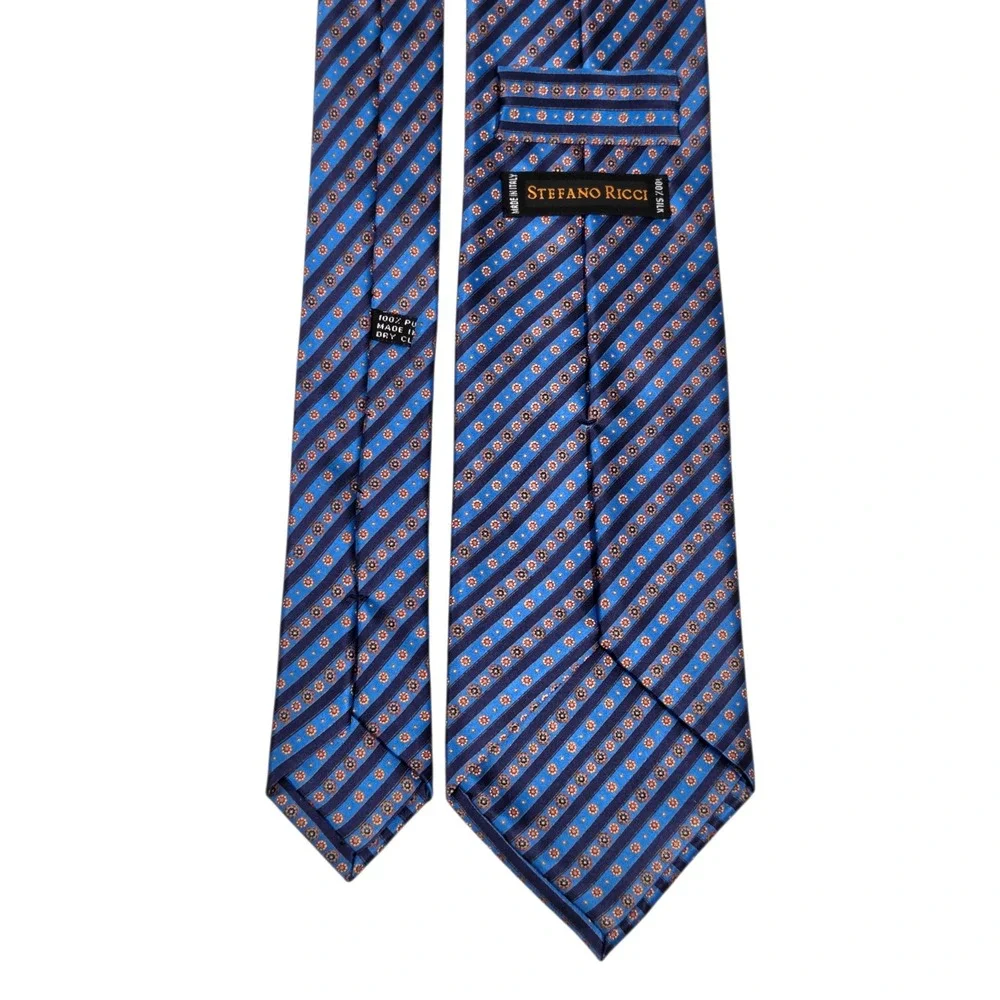 Stefano Ricci Tie Mens Blue Striped‎ Floral Medallion 100% Silk Made in Italy